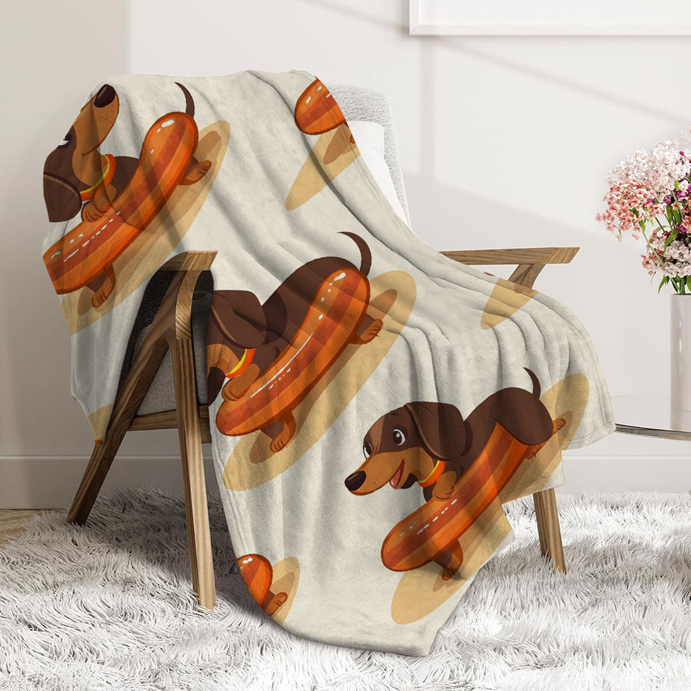 Cartoon Hot Dog Dachshund Pattern Flannel Print Blanket