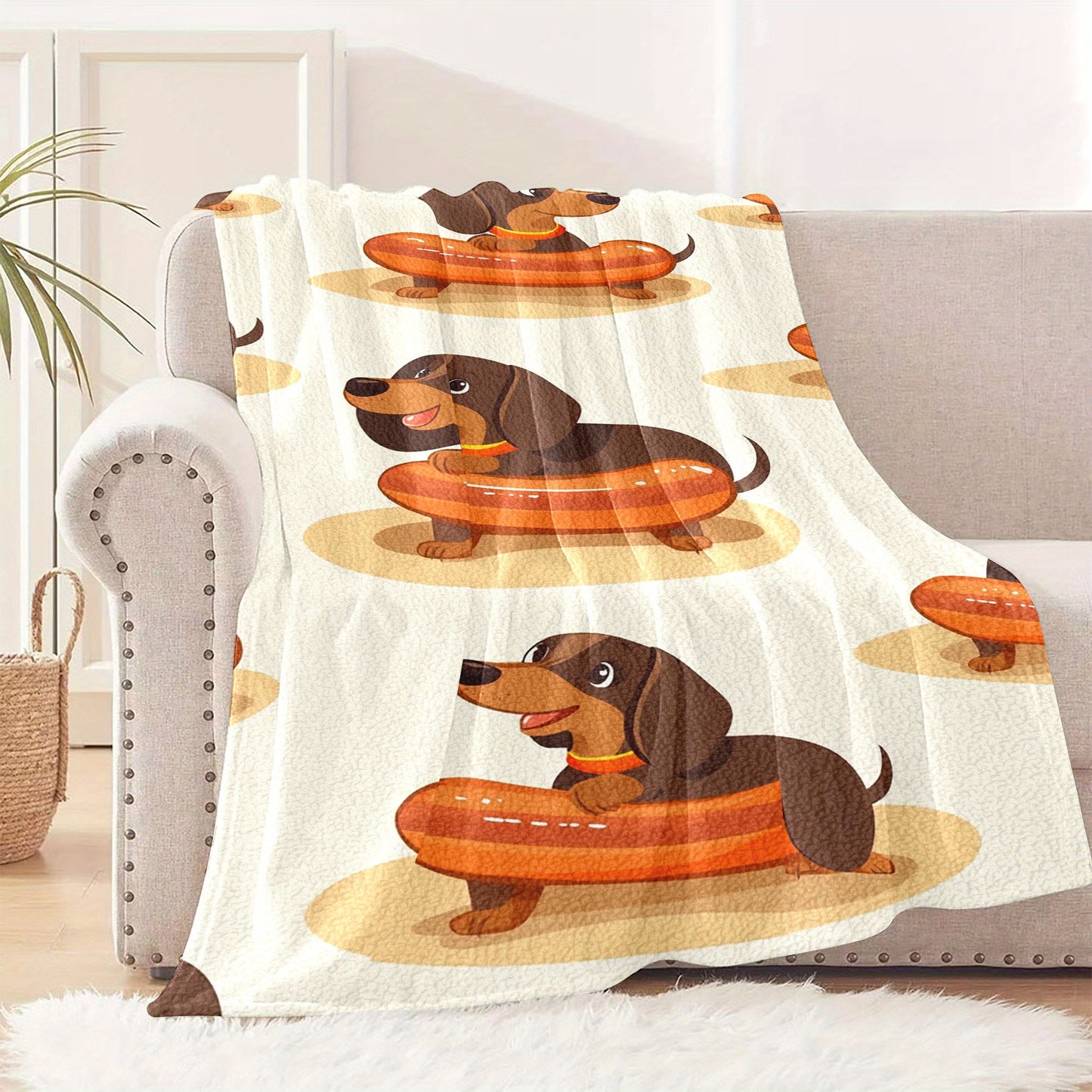 Cartoon Hot Dog Dachshund Pattern Flannel Print Blanket