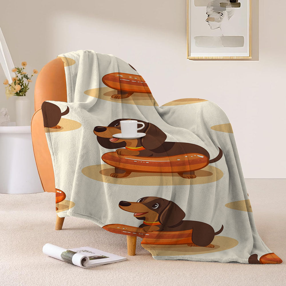 Cartoon Hot Dog Dachshund Pattern Flannel Print Blanket